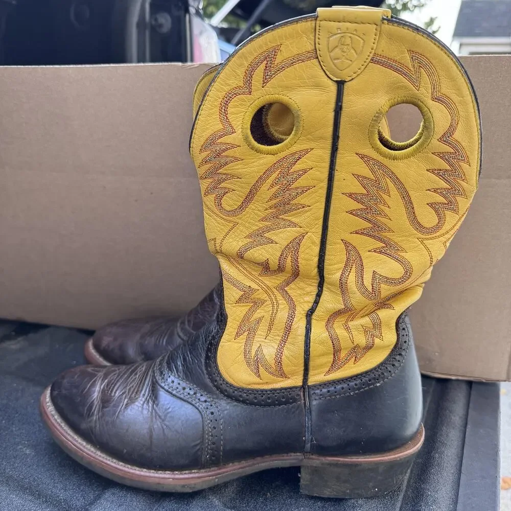 Ariat Boots Mens Size 10.5 D Brown Yellow Leather Western Cowboy Pull Holes ATS